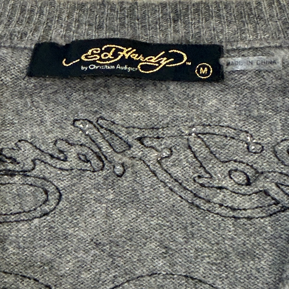 Ed Hardy Gray Sweater Sz M Love Kills Slowly Cashmere Wool Womens - Picture 4 of 6